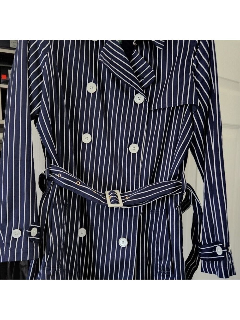 NEW LAUREN RALPH LAUREN NAVY/WHITE PINSTRIPE TRENCH SZ XL - Picture 10 of 12